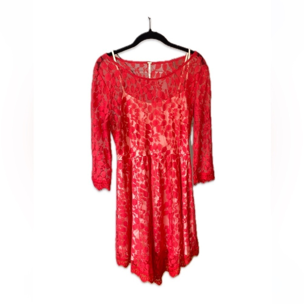 Free People Lace Red Long Sleeve Mini Dress Size 8